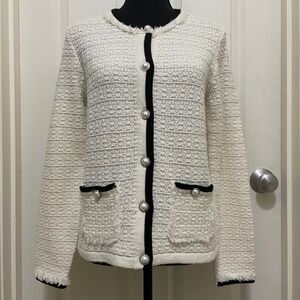 NEW Talbots Fringe Tweed Cardigan Knit Sweater White Black Trim Pearl Button S